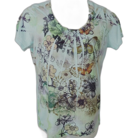 Project Top Sz L Aqua Floral Butterfly Short Sleeve Scoop NWOT - Picture 1 of 4